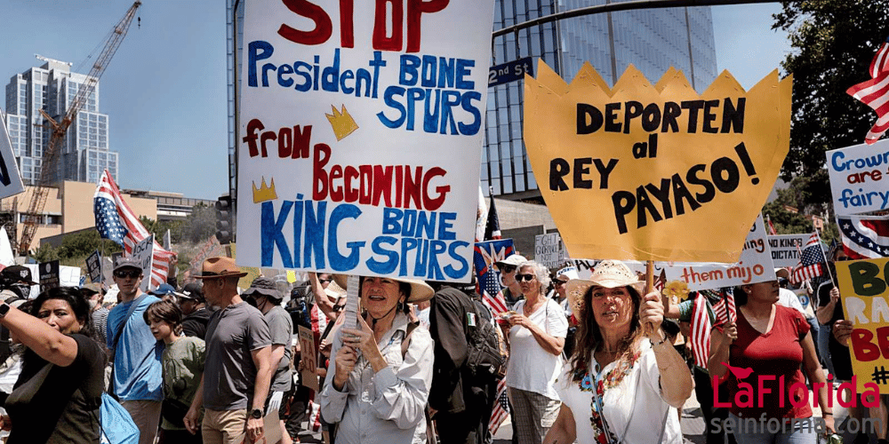 Multitudinaria protesta 'Sin Reyes' en la carretera A1A de Fort Lauderdale con manifestantes portando carteles contra Trump